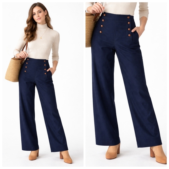 NWT Faherty Parkside Flannel Wool Pants Blue High Waisted Sailor Trousers XL